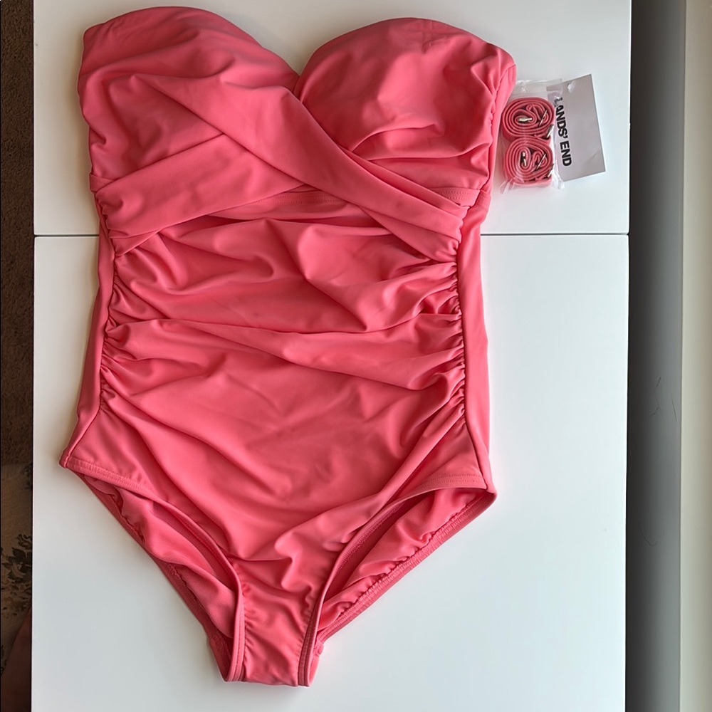 NWT Lands' End coral one piece swimsuit with removable straps!
